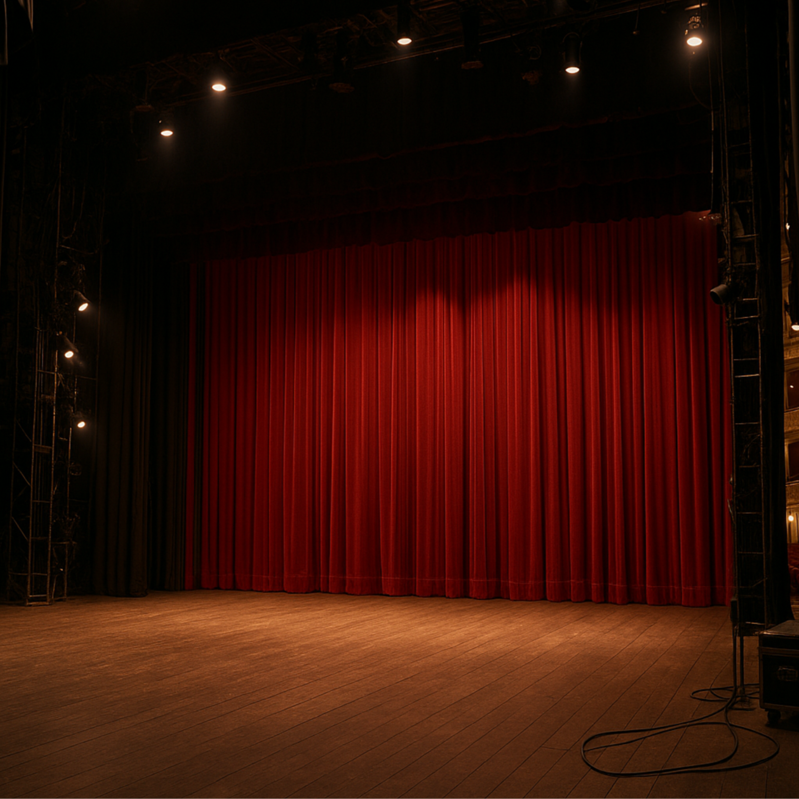 Stage with a red curtain in a dark theater